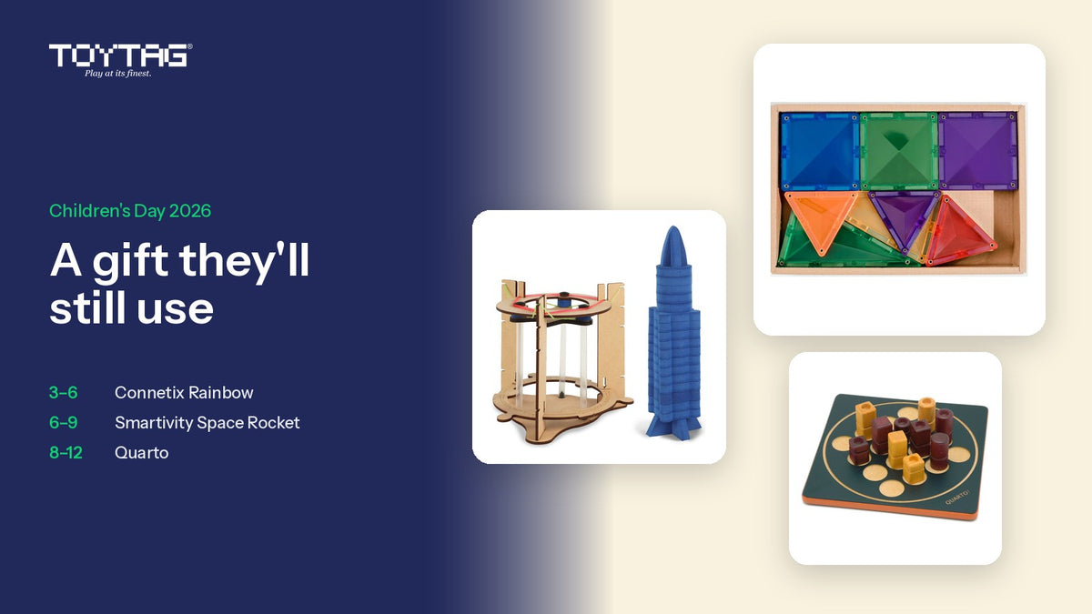 TOYTAG Children's Day 2026 graphic with the line "A gift they'll still use," showing a Connetix Rainbow tile tray, a Smartivity space rocket with its launcher, and a Quarto board.