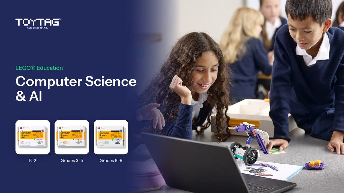Primary pupils building and coding a LEGO Education Computer Science & AI model beside a laptop, with the K–2, Grades 3–5 and Grades 6–8 kits