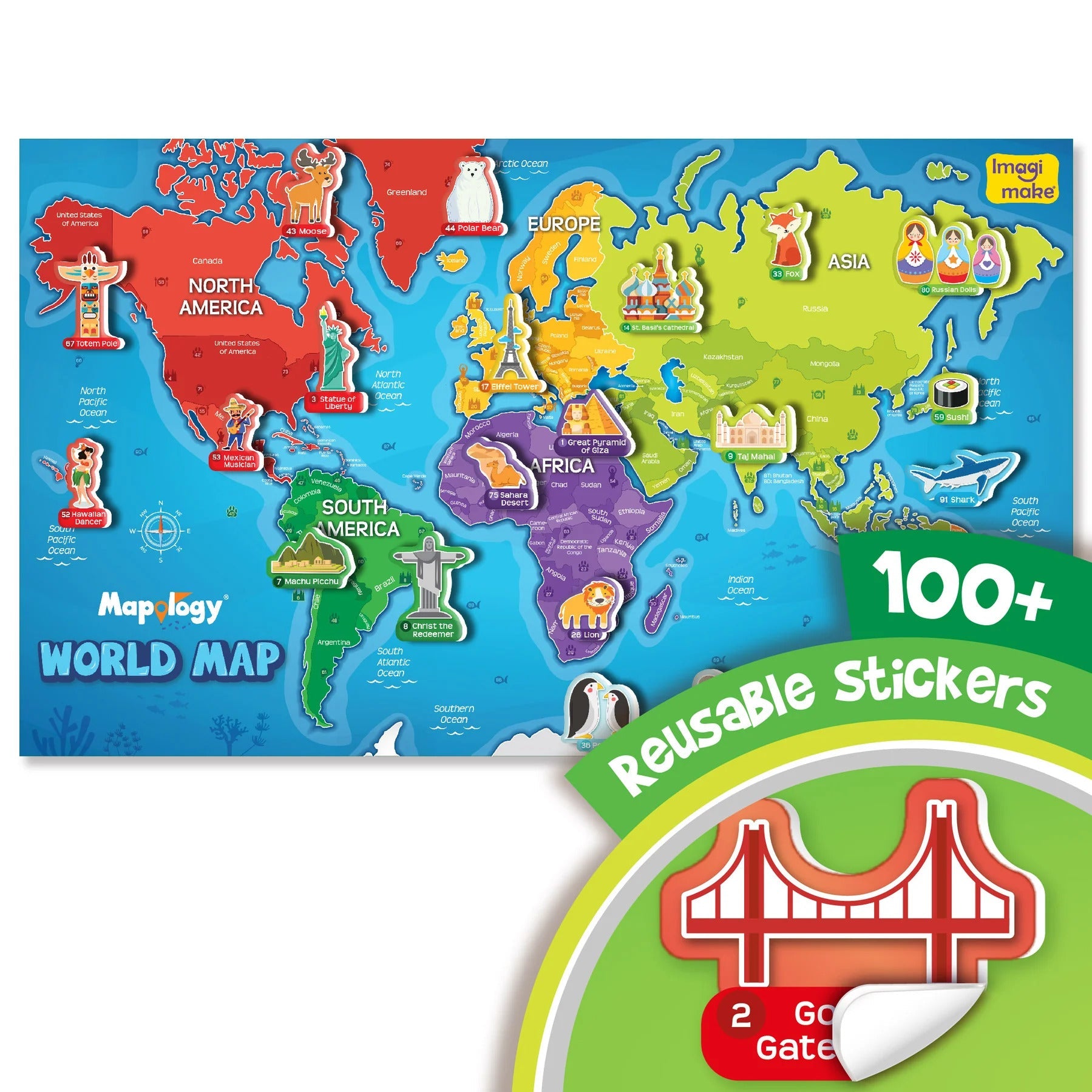 Imagimake World Map Wall Chart with Reusable Stickers