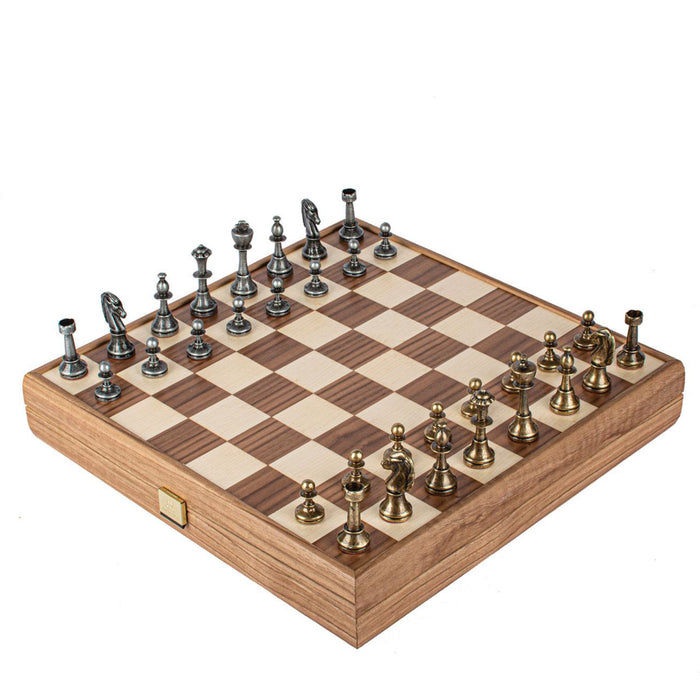 Metal Staunton Chessmen in Walnut / Oak inlaid wooden chessboard case (27cm x  27cm)