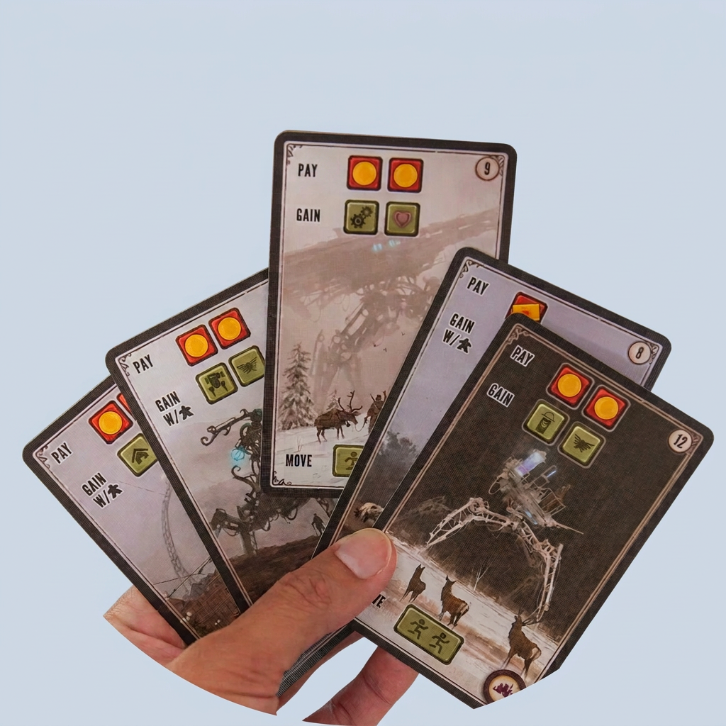 Hand holding a fan of Scythe game cards on a light blue background