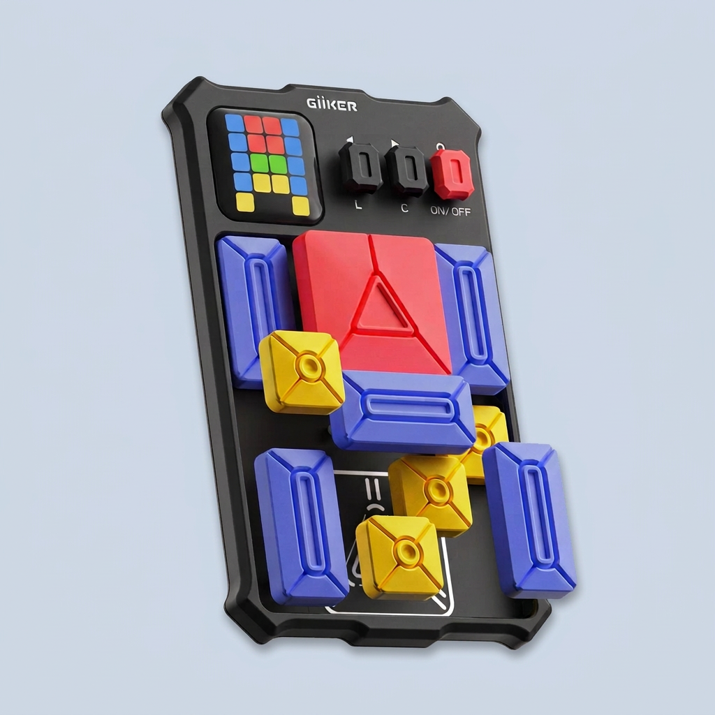 GiiKER Super Slide handheld puzzle with colourful pieces on a light blue background