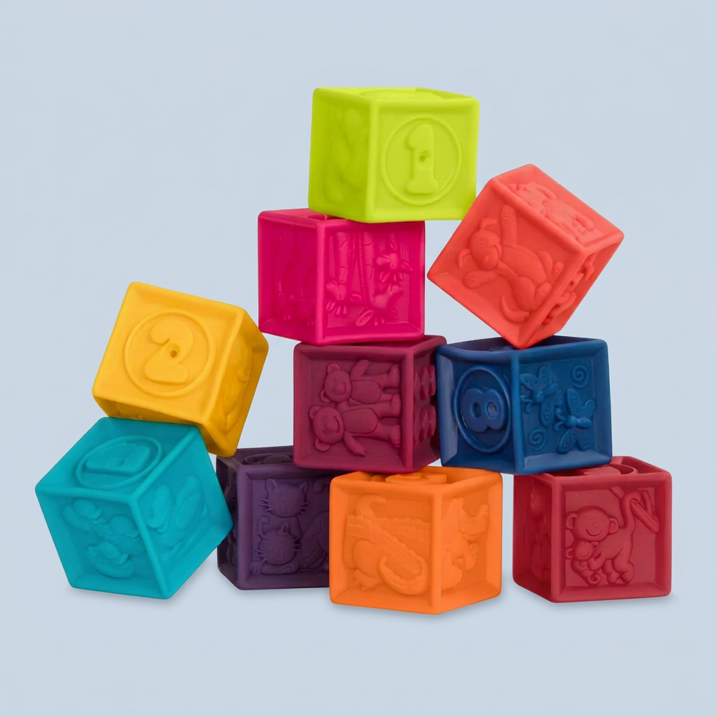 Colourful One Two Squeeze soft toy blocks on a light blue background