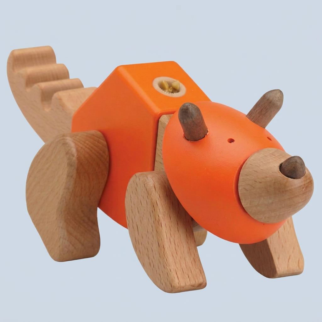 Orange and wooden EQB dinosaur toy on a light blue background