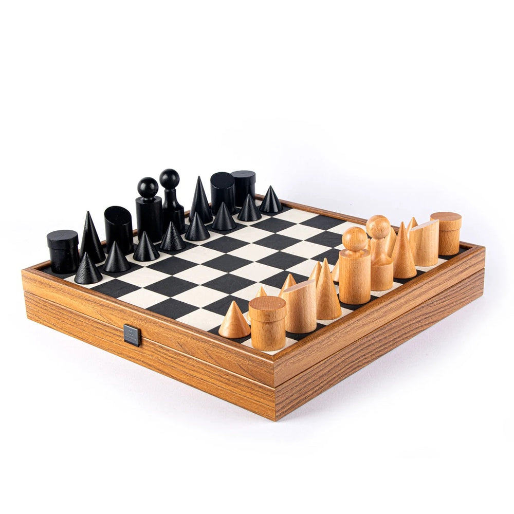 Bauhaus Style Black & White Wooden Chess Set