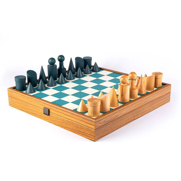 Bauhaus Style Turquoise Wooden Chess Set